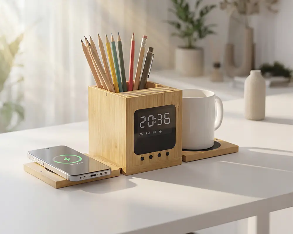 Ecora bamboo desk set with wireless charger and pen holder